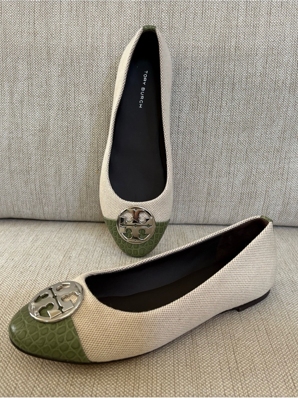 Tory Burch Claire Cream Ballet Flat Green Croc Embossed Cap Toe Tweed US 6.5